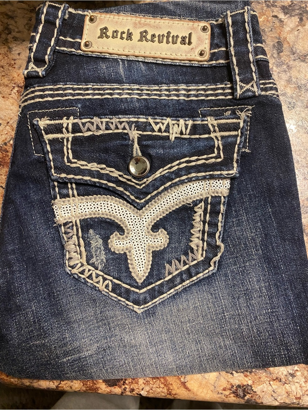 Rock Revival Dark Blue Skinny Capri Jeans with Cream Embroidered & Sequin Pocket